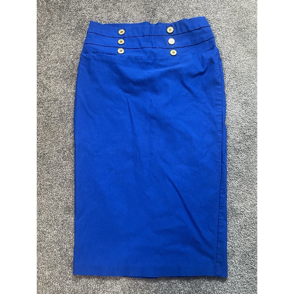 Vivienne Grace Blue Pencil Skirt Gold Button High Waist Knee Length Large